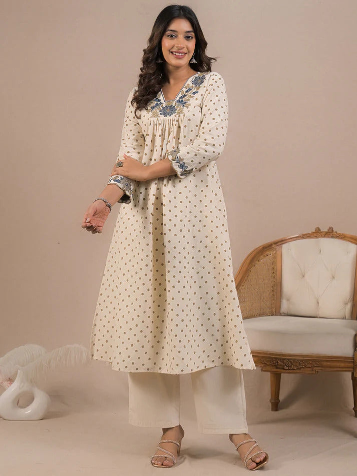 Off White Embroidered Cotton Flex Kurti With Pants Set