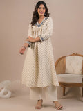 Off White Embroidered Cotton Flex Kurti With Pants Set