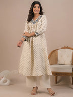 Off White Embroidered Cotton Flex Kurti With Pants Set