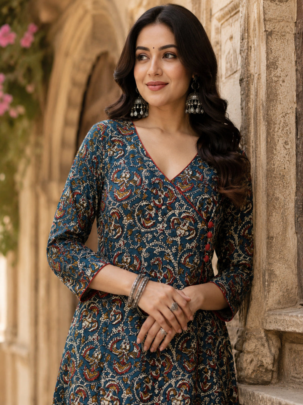 Navy blue printed cotton angrakha anarkali kurti top ( Top Only)