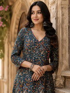 Navy blue printed cotton angrakha anarkali kurti top ( Top Only)