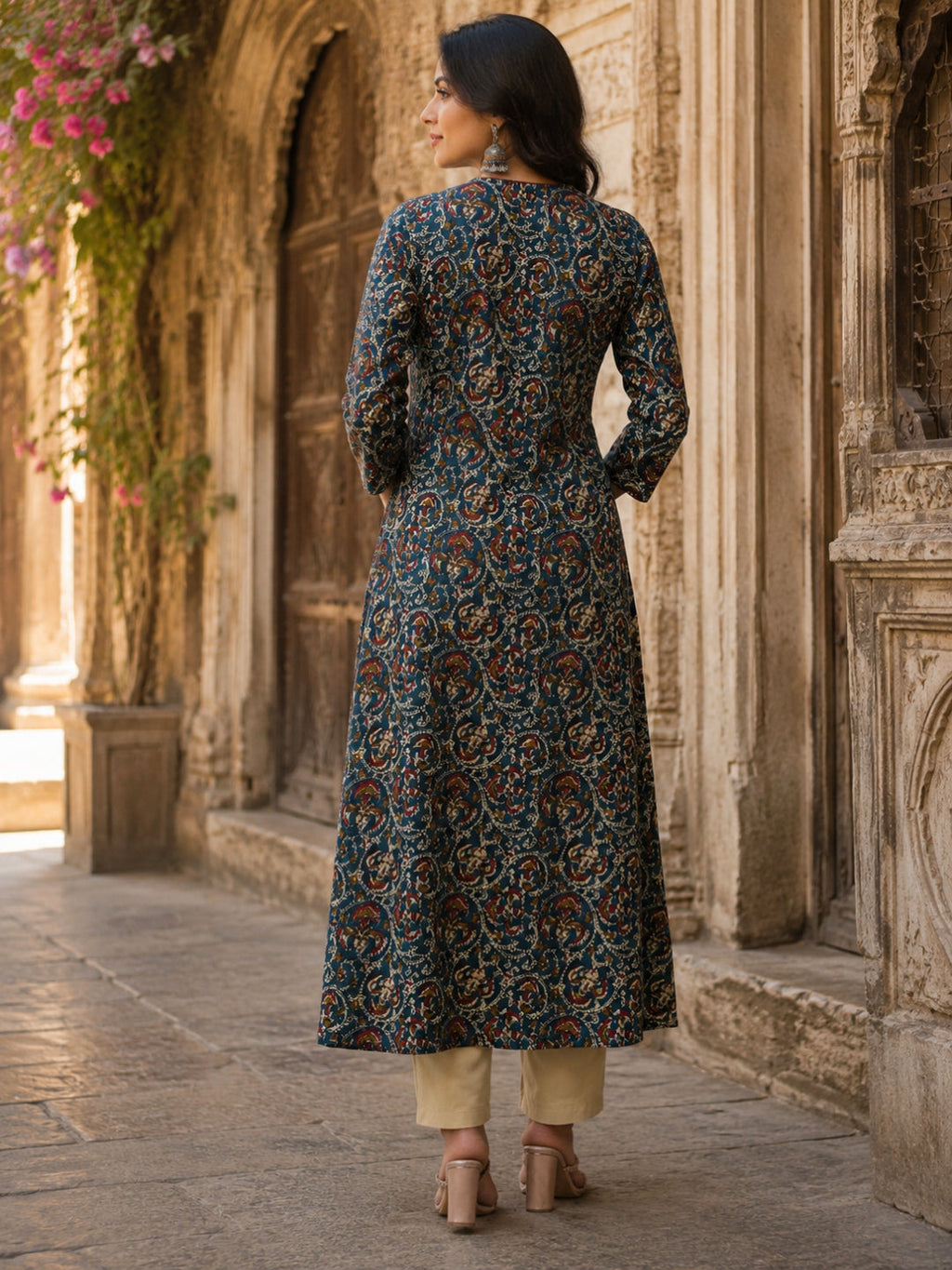 Navy blue printed cotton angrakha anarkali kurti top ( Top Only)