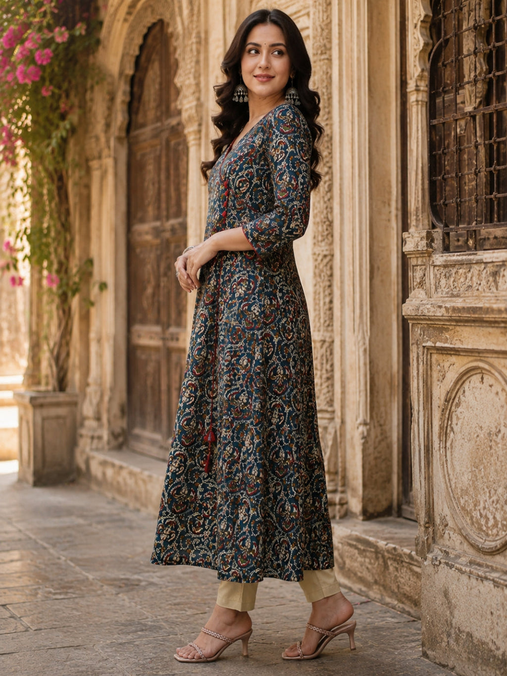 Navy blue printed cotton angrakha anarkali kurti top ( Top Only)