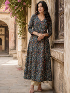 Navy blue printed cotton angrakha anarkali kurti top ( Top Only)