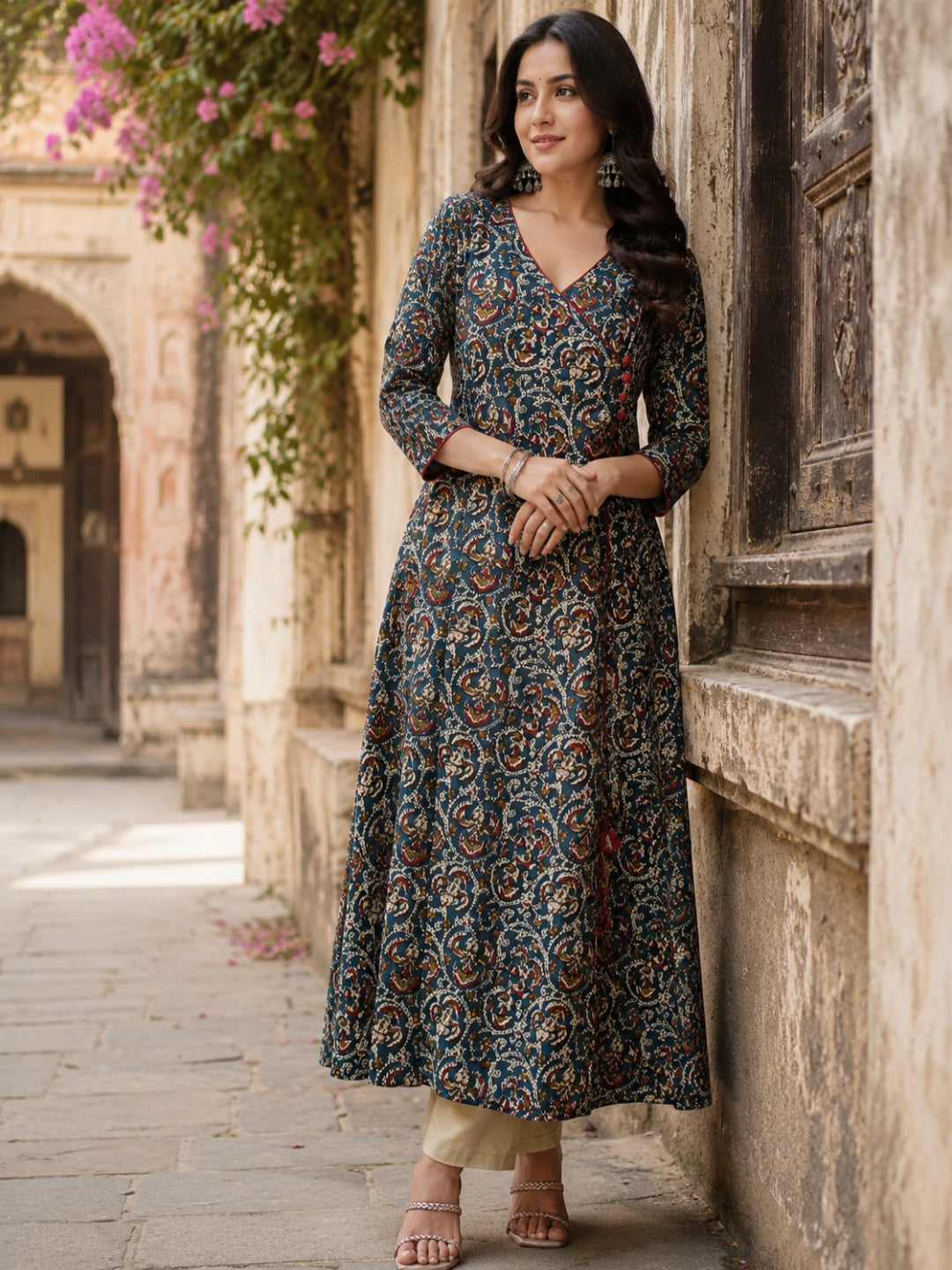 Navy blue printed cotton angrakha anarkali kurti top ( Top Only)