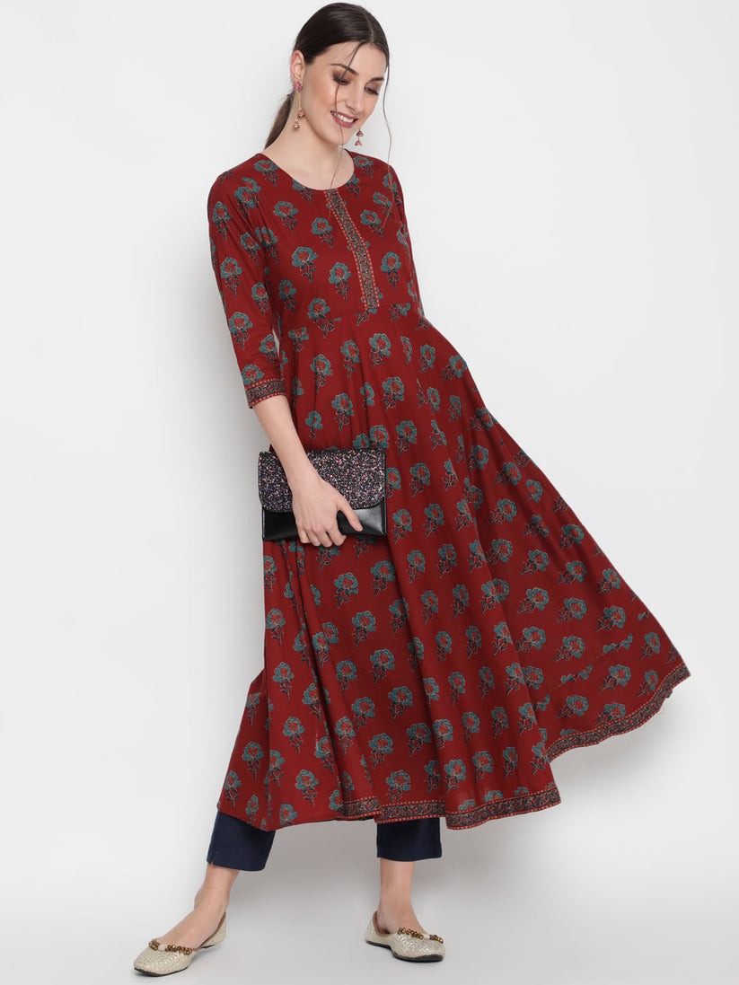 Maroon printed cotton ankle length anarkali kurti top