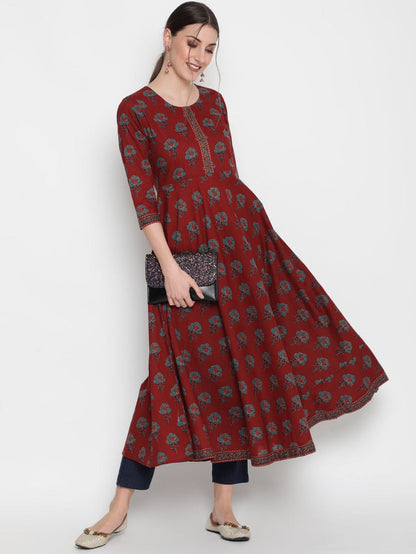 Maroon printed cotton ankle length anarkali kurti top
