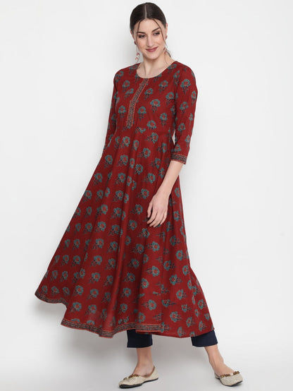 Maroon printed cotton ankle length anarkali kurti top