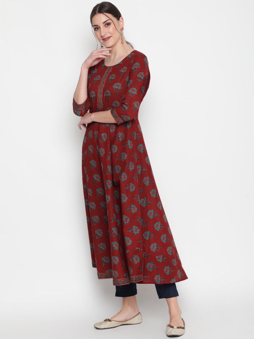 Maroon printed cotton ankle length anarkali kurti top