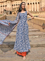 Load image into Gallery viewer, Blue Floral Printed Georgette Kurta Palazzo with Dupatta set
