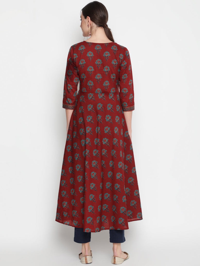 Maroon printed cotton ankle length anarkali kurti top