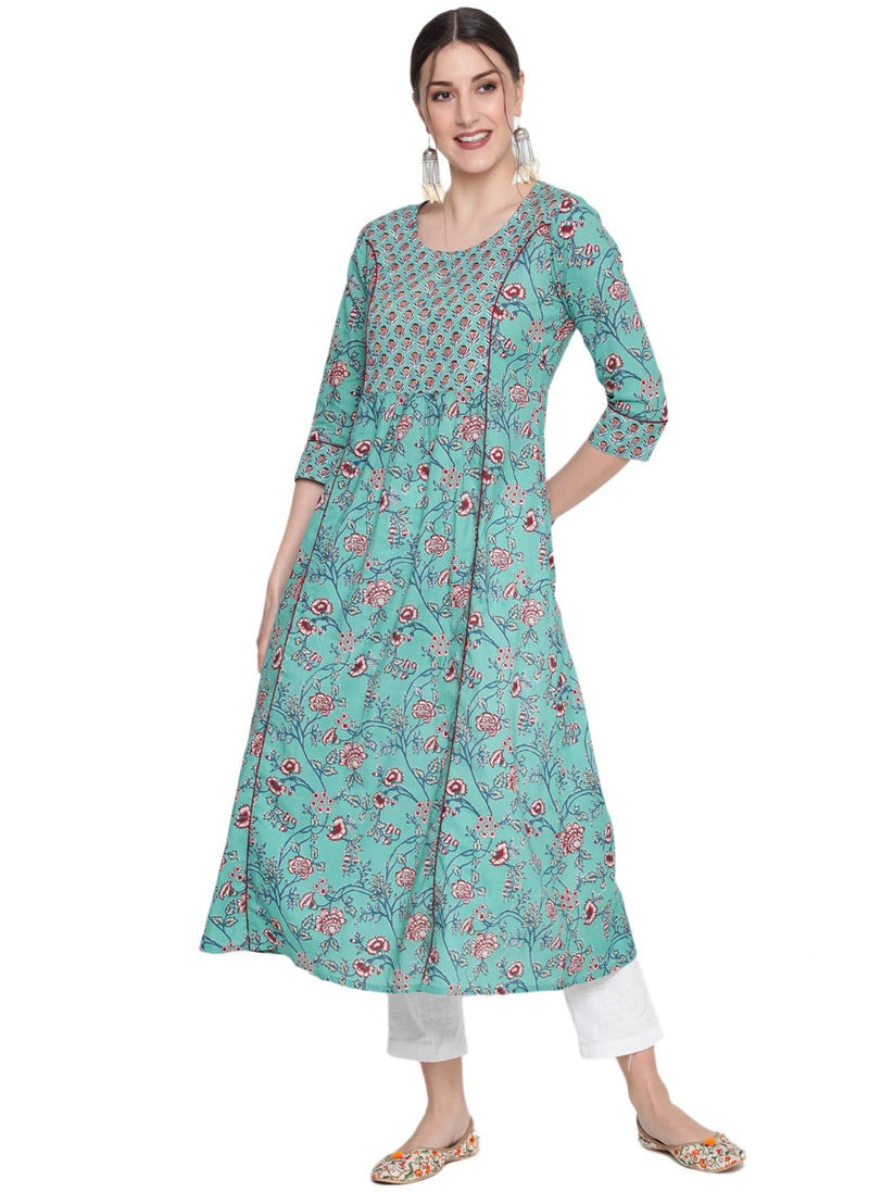 Blue printed cotton ankle length flared kurti top