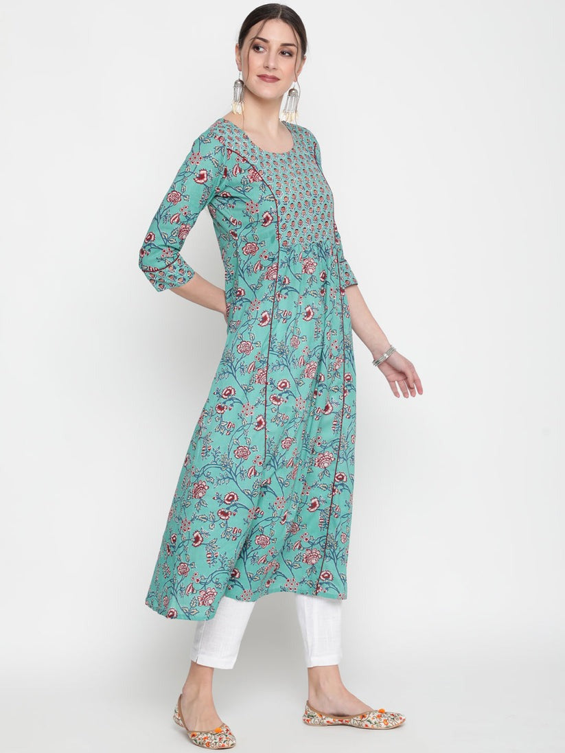 Blue printed cotton ankle length flared kurti top