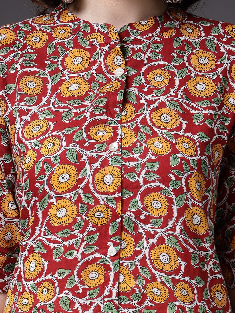 Maroon Cotton Floral printed A-Line Kurti Top (Top Only)