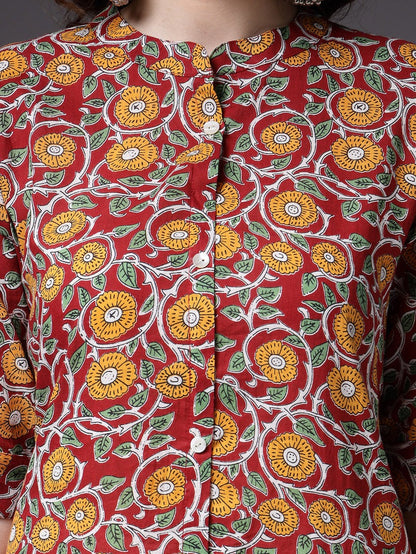Maroon Cotton Floral printed A-Line Kurti Top (Top Only)