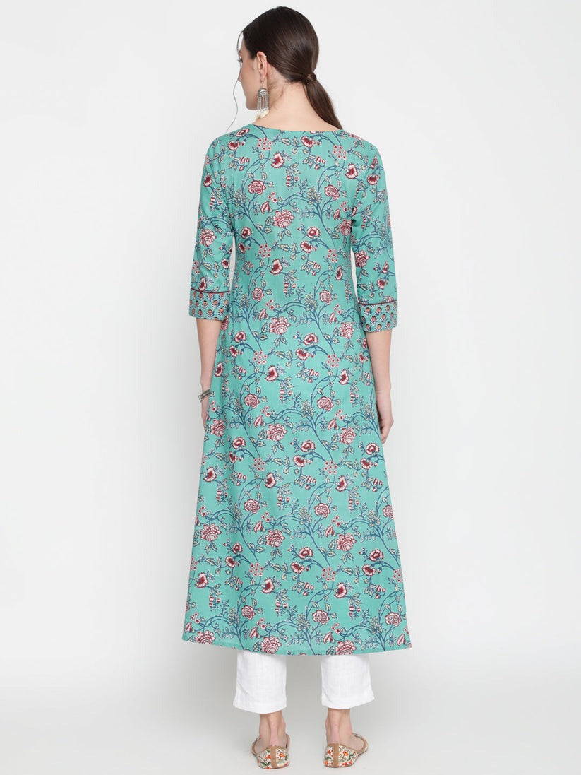 Blue printed cotton ankle length flared kurti top