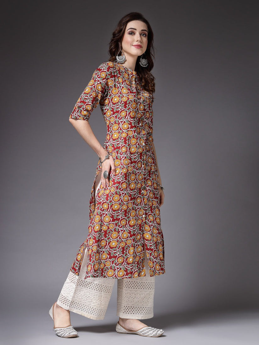 Maroon Cotton Floral printed A-Line Kurti Top (Top Only)