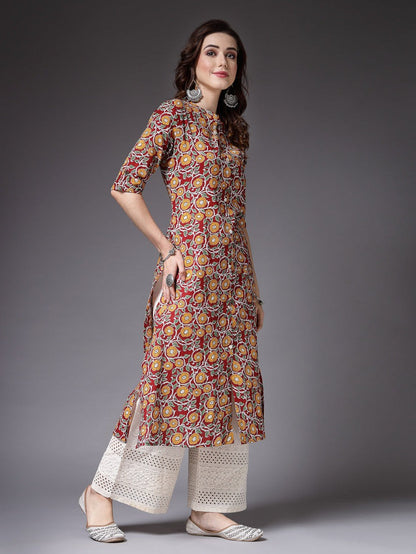 Maroon Cotton Floral printed A-Line Kurti Top (Top Only)