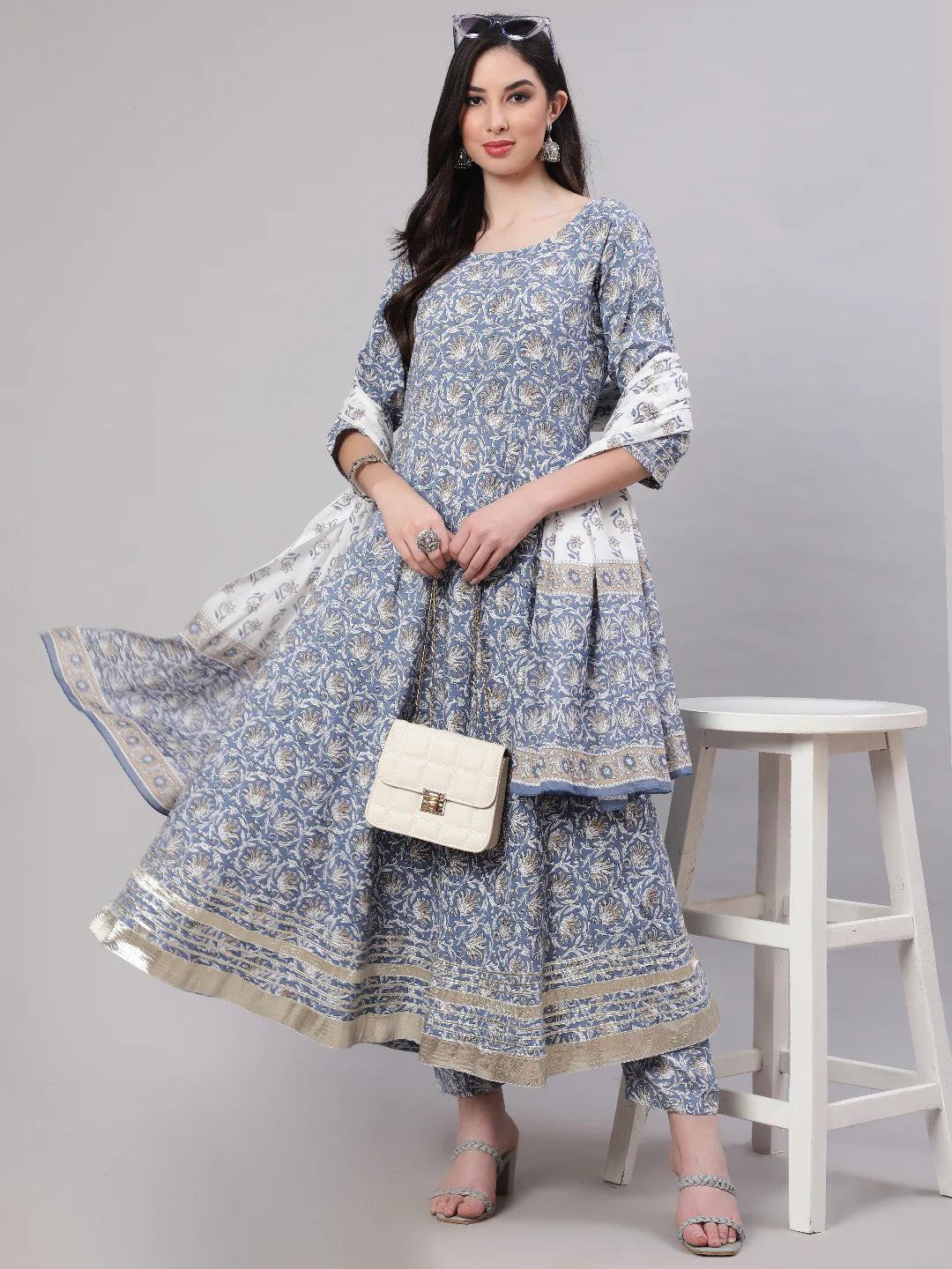 Grey & White Floral Printed Pure Cotton Flared Kurti With Pants & Dupatta