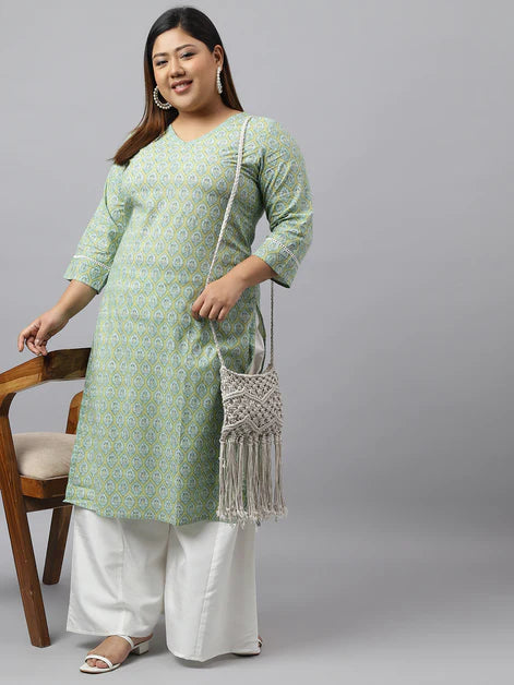 Green Pure Cotton Printed Kurti Top (Top Only)