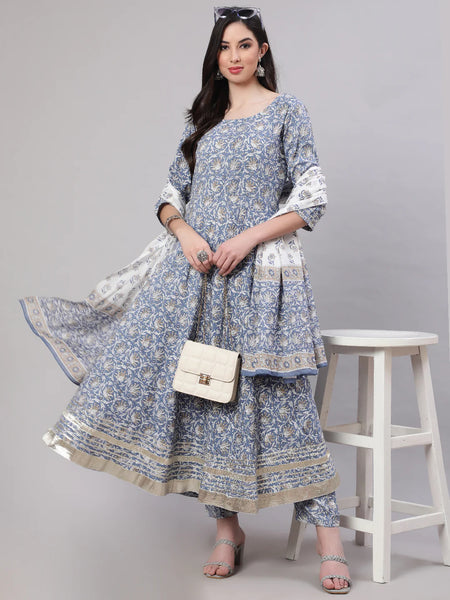 Women Block Printed Cotton Flared Anarkali kurti Pant with Dupatta Stitched  Top | eBay