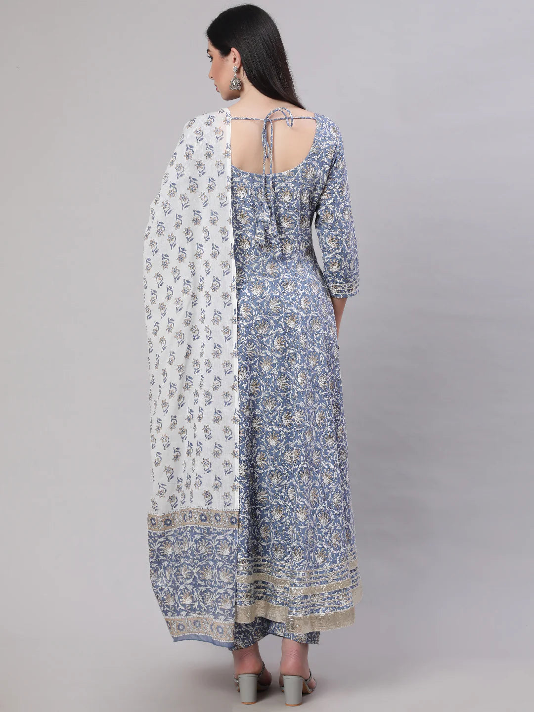 Grey & White Floral Printed Pure Cotton Flared Kurti With Pants & Dupatta