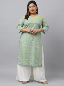 Green Pure Cotton Printed Kurti Top (Top Only)