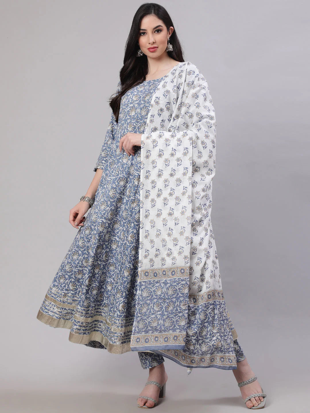 Grey & White Floral Printed Pure Cotton Flared Kurti With Pants & Dupatta
