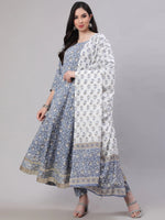 Load image into Gallery viewer, Grey &amp; White Floral Printed Pure Cotton Flared Kurti With Pants &amp; Dupatta
