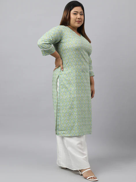 Green Pure Cotton Printed Kurti Top (Top Only)