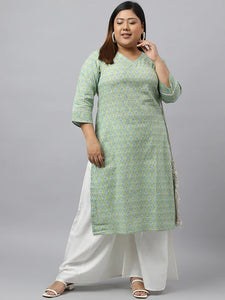 Green Pure Cotton Printed Kurti Top (Top Only)