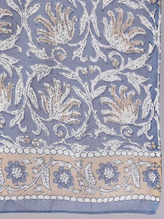 Grey & White Floral Printed Pure Cotton Flared Kurti With Pants & Dupatta