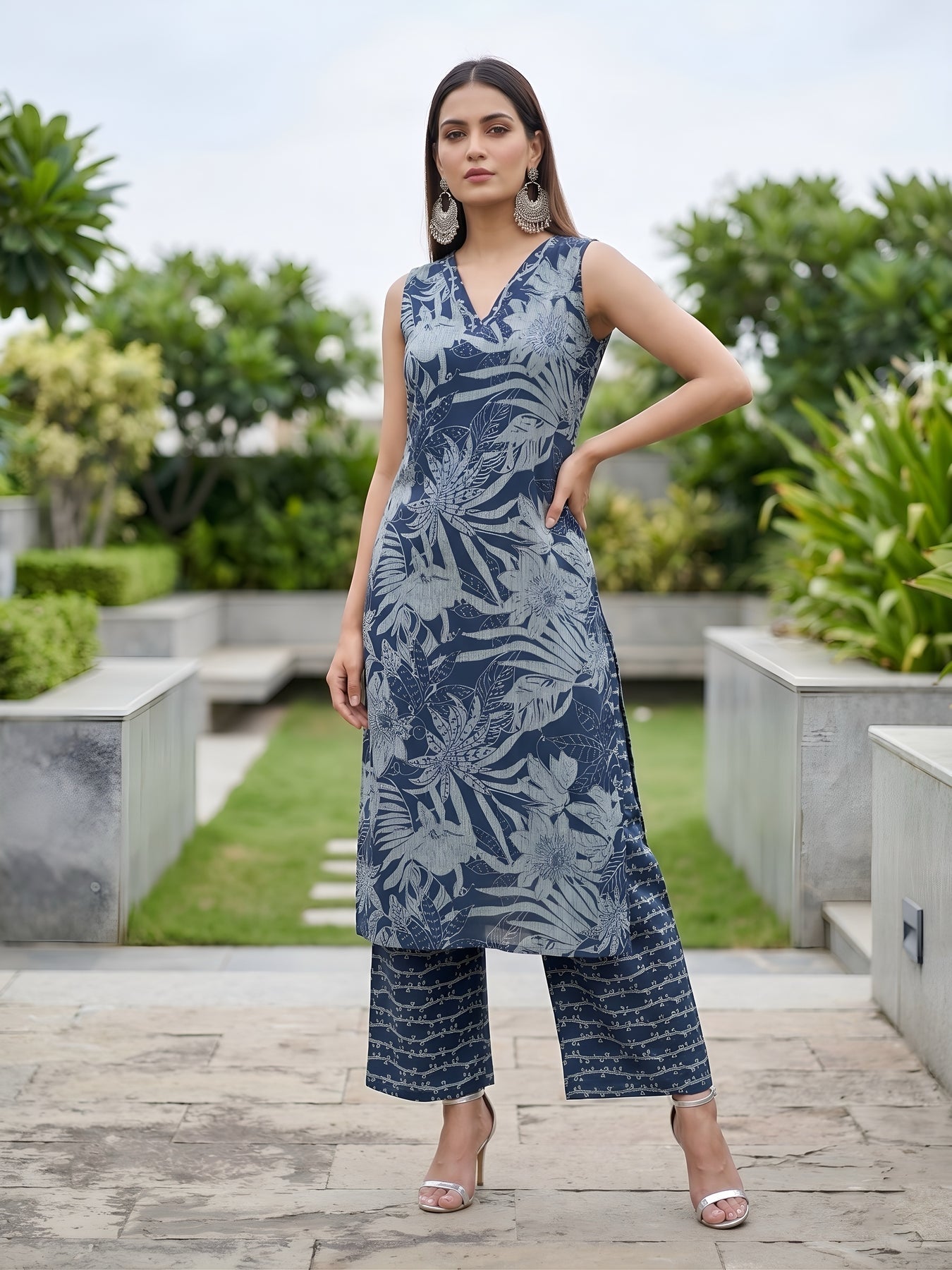 Blue Ikat Printed Soft Cotton Kurti Plazzo Set