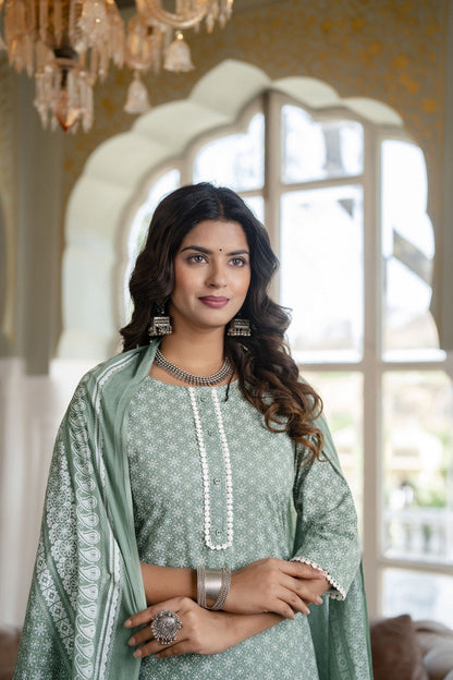 Green Pure Cotton Kurti Set