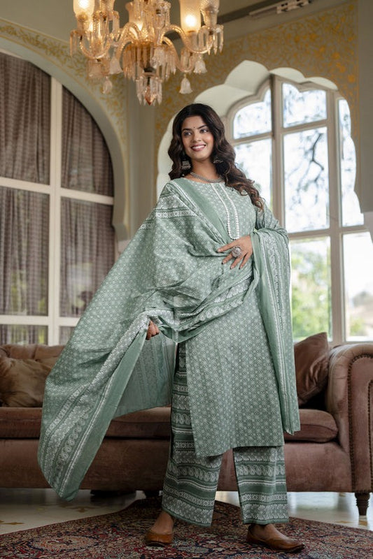 Green Pure Cotton Kurti Set