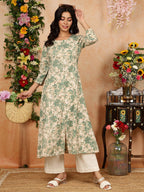 Green Off White Floral Printed Cotton Flex A-Line Kurti Top ( Top Only)