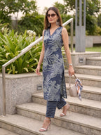 Blue Ikat Printed Soft Cotton Kurti Plazzo Set