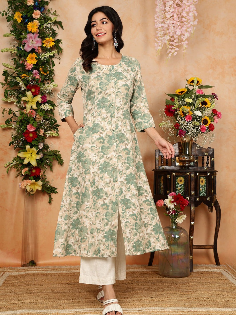 Green Off White Floral Printed Cotton Flex A-Line Kurti Top ( Top Only)