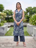 Blue Ikat Printed Soft Cotton Kurti Plazzo Set
