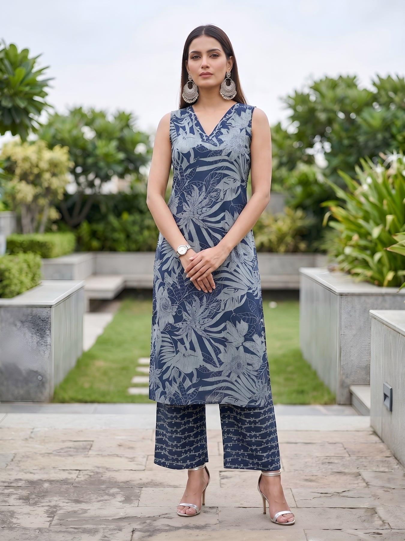 Blue Ikat Printed Soft Cotton Kurti Plazzo Set