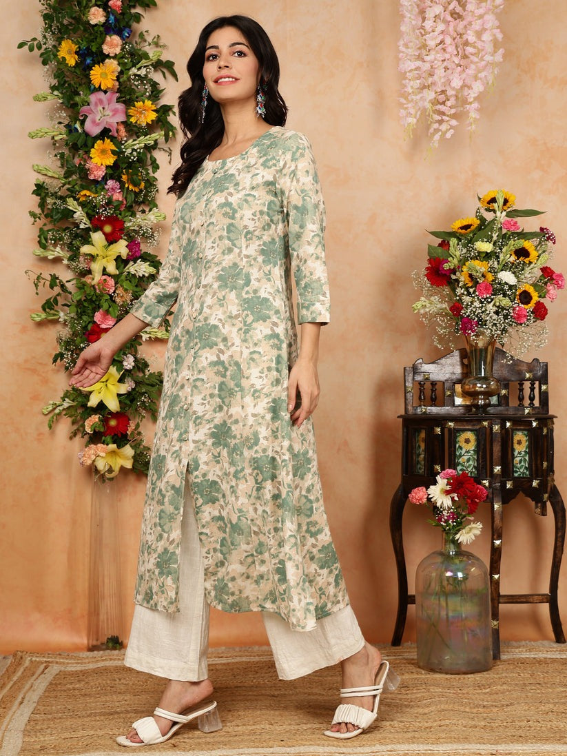 Green Off White Floral Printed Cotton Flex A-Line Kurti Top ( Top Only)