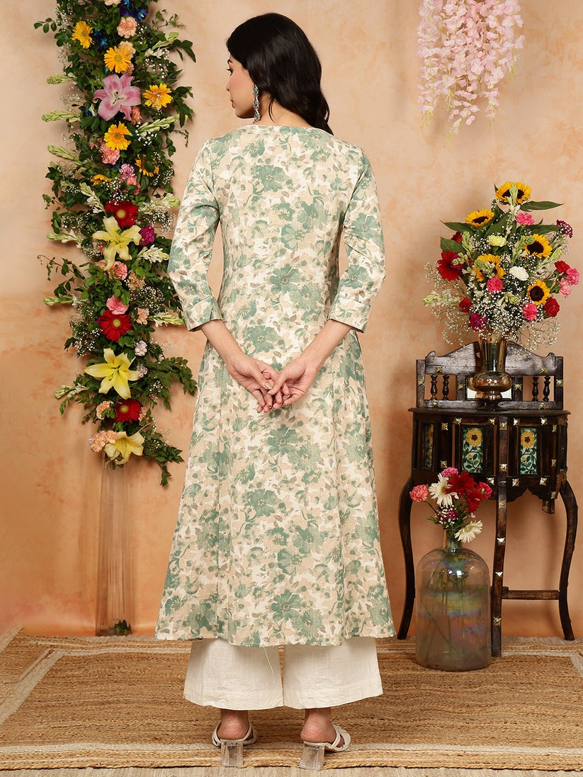 Green Off White Floral Printed Cotton Flex A-Line Kurti Top ( Top Only)