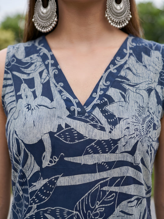 Blue Ikat Printed Soft Cotton Kurti Plazzo Set