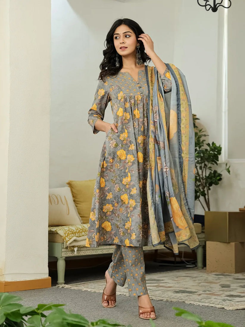 Grey & Yellow Pure Cotton Floral Printed Anarkali kurti set