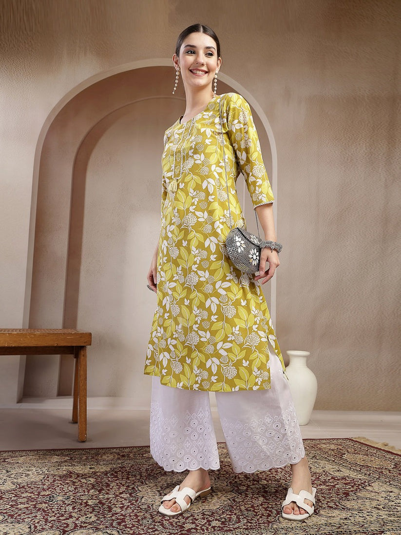 Green Printed Cotton Kurti Top (Top Only)