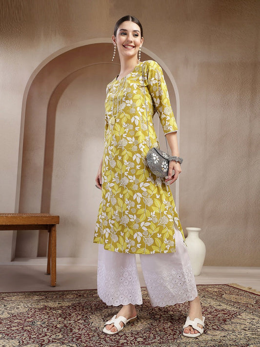 Green Printed Cotton Kurti Top (Top Only)