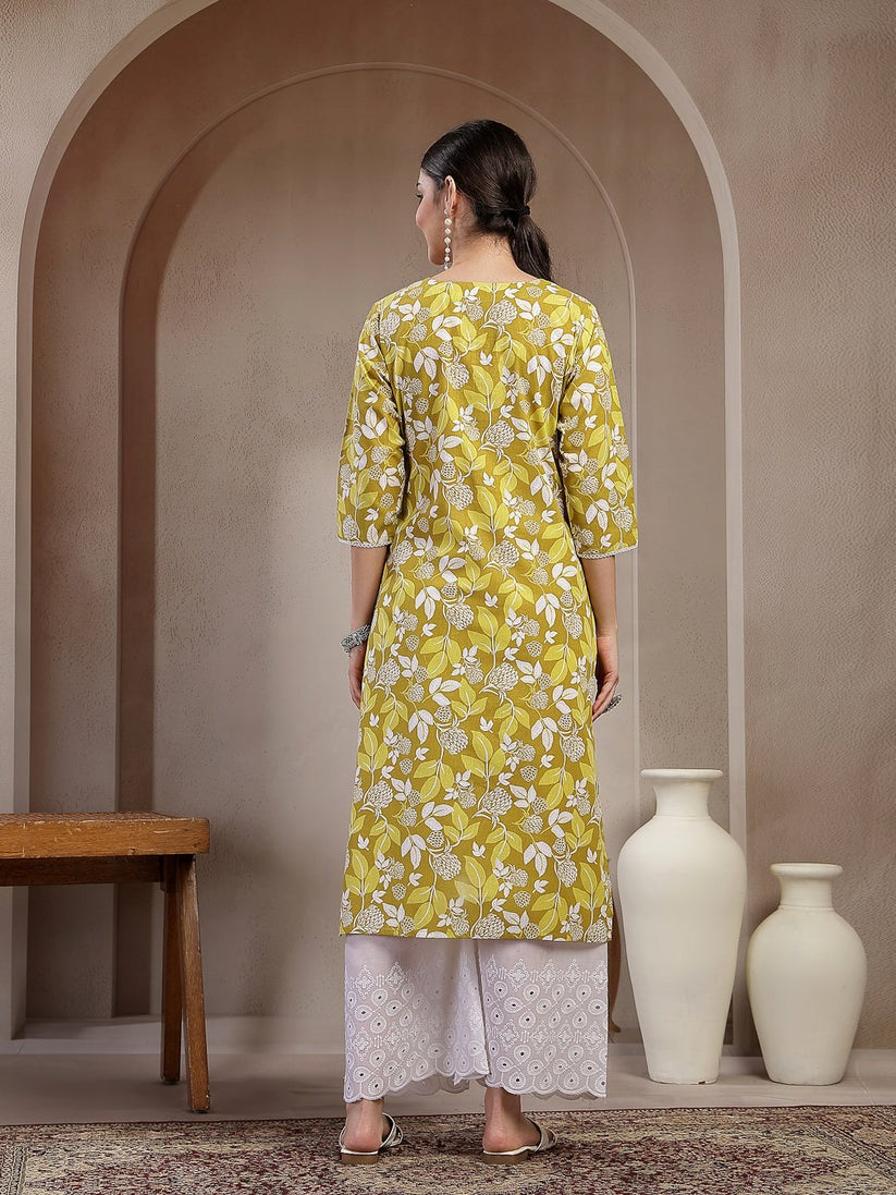 Green Printed Cotton Kurti Top (Top Only)