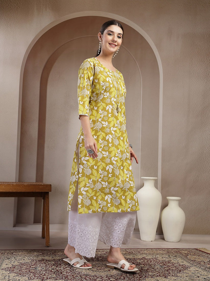 Green Printed Cotton Kurti Top (Top Only)