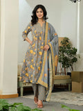 Grey & Yellow Pure Cotton Floral Printed Anarkali kurti set