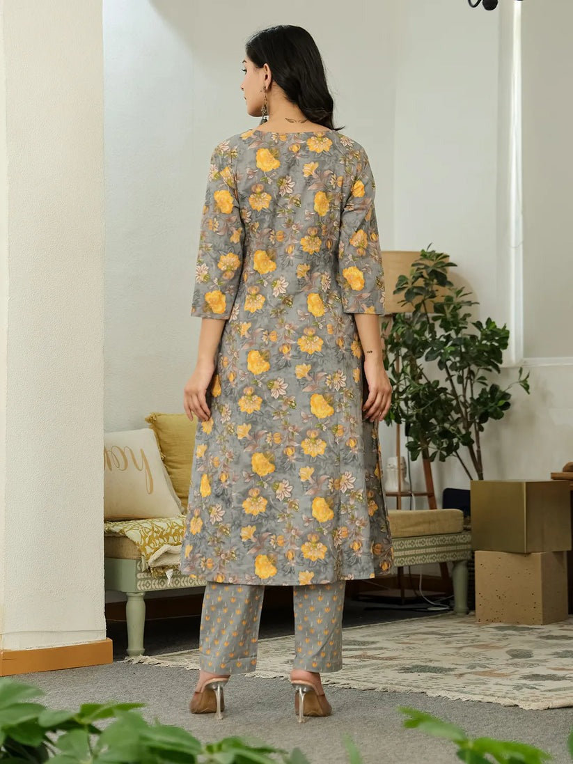 Grey & Yellow Pure Cotton Floral Printed Anarkali kurti set